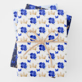 青い王室の花と金ゴールドの冠 ラッピングペーパーシート (インサイチュ)