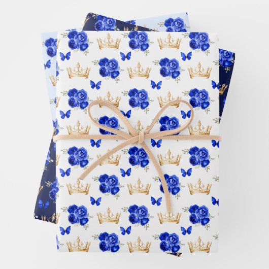 青い王室の花と金ゴールドの冠 ラッピングペーパーシート (インサイチュ)