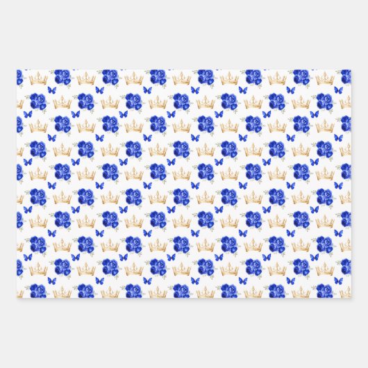 青い王室の花と金ゴールドの冠 ラッピングペーパーシート (正面)