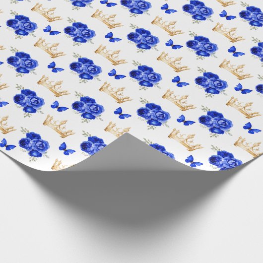 青い王室の花と金ゴールドの冠 ラッピングペーパー (角)