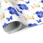 青い王室の花と金ゴールドの冠 ラッピングペーパー (ロールコーナー)