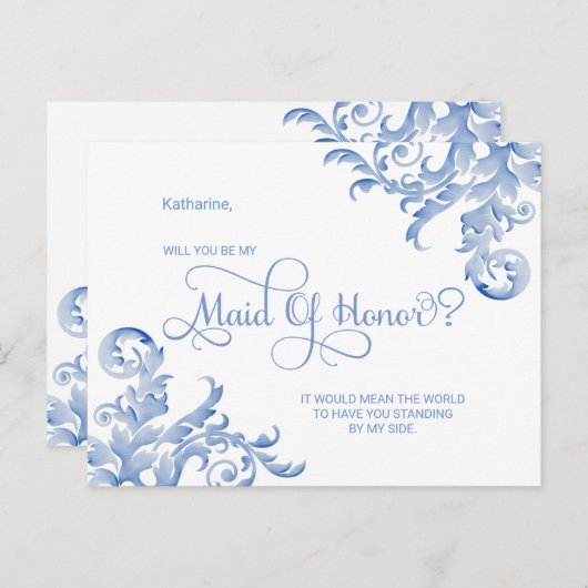 青い王室の花飾りがお前のメイド・オブ・オーナー（花嫁付き添い人）だ インビテーションポストカード (正面/裏面)