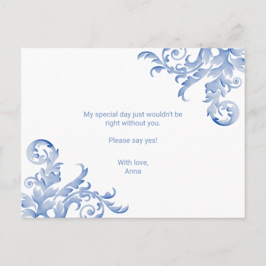 青い王室の花飾りがお前のメイド・オブ・オーナー（花嫁付き添い人）だ インビテーションポストカード (裏面)