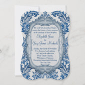 青い王室の葉のダマスコモノグラムウェディング招待 招待状 (正面)