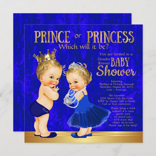 青い王室の金ゴールド王子またはプリンセス性別が明らかにする 招待状 (正面/裏面)