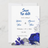 青い王室の銀の花ボタニカル日付を保存 招待状 (正面)