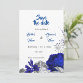 青い王室の銀の花ボタニカル日付を保存 招待状 (スタンド正面)