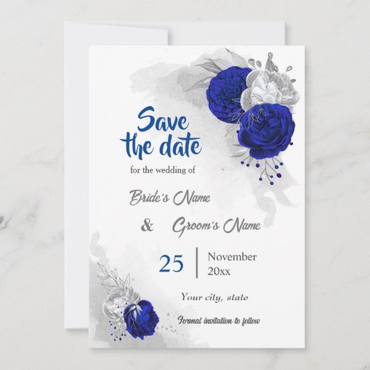 青い王室の銀の花ボタニカル日付を保存 招待状 (正面)
