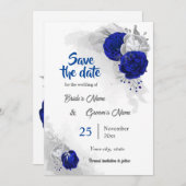 青い王室の銀の花ボタニカル日付を保存 招待状 (正面/裏面)