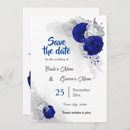 青い王室の銀の花ボタニカル日付を保存 招待状 (正面/裏面)