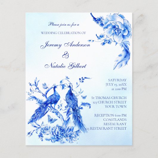 青い王室のpeacock予算ビクトリアンの結婚式の招待 (正面)