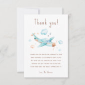 青い玩具飛行機男の子の赤ちゃんシャワー サンキューカード (正面)