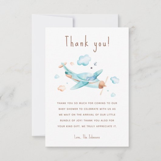 青い玩具飛行機男の子の赤ちゃんシャワー サンキューカード (正面)