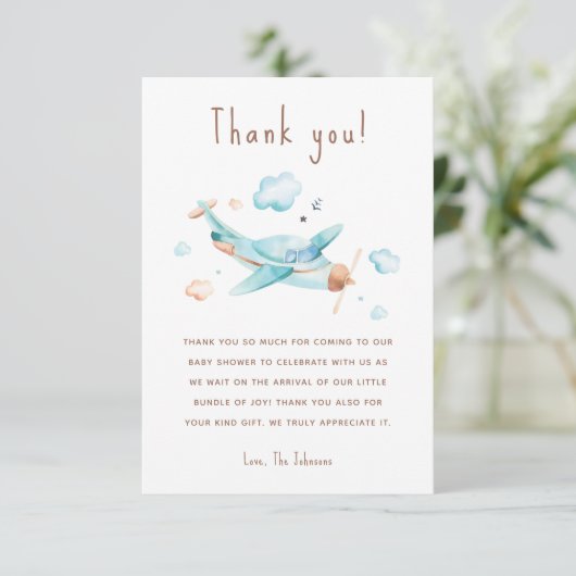 青い玩具飛行機男の子の赤ちゃんシャワー サンキューカード (スタンド正面)