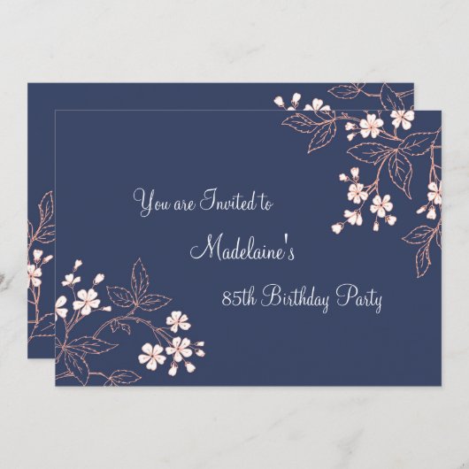青い珊瑚の花柄の85thバースデーパーティ招待状 招待状 (正面/裏面)