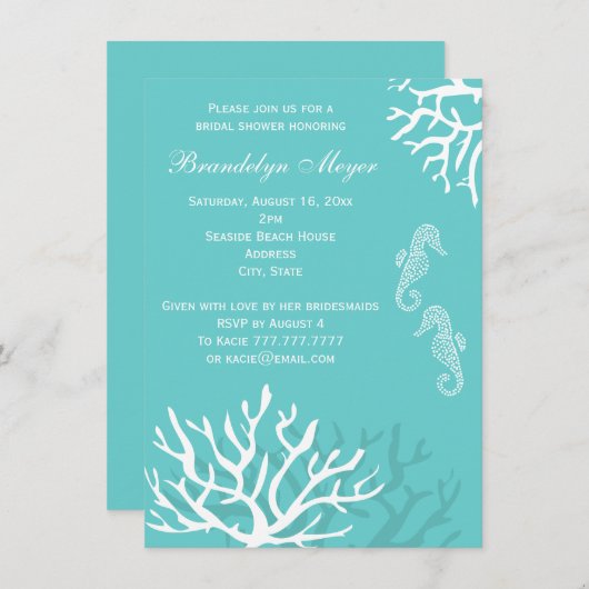 青い珊瑚礁のタツノオトシゴのブライダルシャワー招待状 招待状 (正面/裏面)
