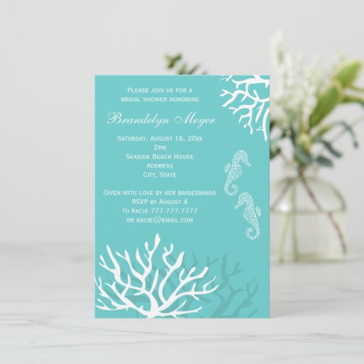 青い珊瑚礁のタツノオトシゴのブライダルシャワー招待状 招待状 (スタンド正面)