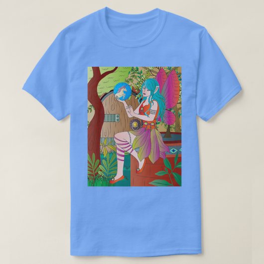 青い球体にユニコーンの青い髪の妖精 Tシャツ (デザイン正面)