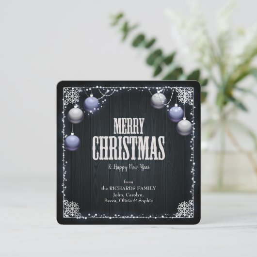 青い球根ホワイトフレームダークウッド写真クリスマス シーズンカード (スタンド正面)