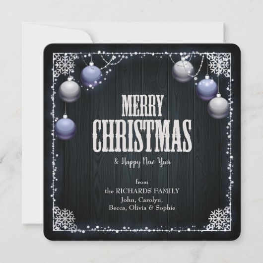 青い球根ホワイトフレームダークウッド写真クリスマス シーズンカード (正面)