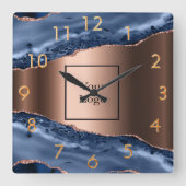 青い瑪瑙の大理石バラ金ゴールドビジネスロゴ スクエア壁時計 (正面)