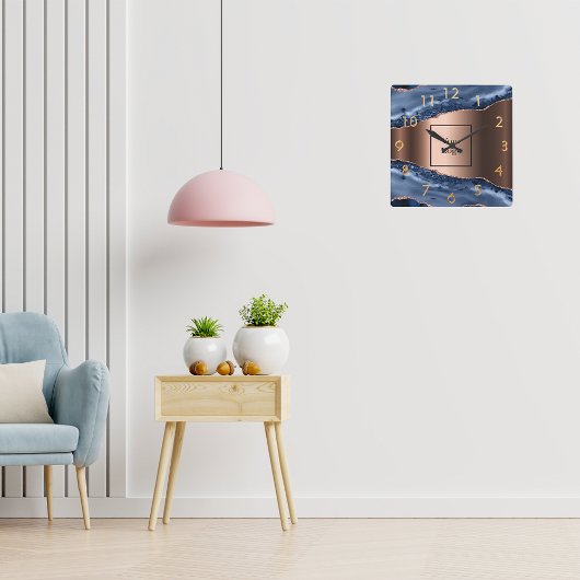 青い瑪瑙の大理石バラ金ゴールドビジネスロゴ スクエア壁時計