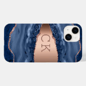 青い瑪瑙の大理石バラ金ゴールドモノグラムイニシャル Case-Mate iPhoneケース (裏面 (横))