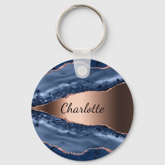 青い瑪瑙の大理石バラ金ゴールド名スクリプト キーホルダー (正面)