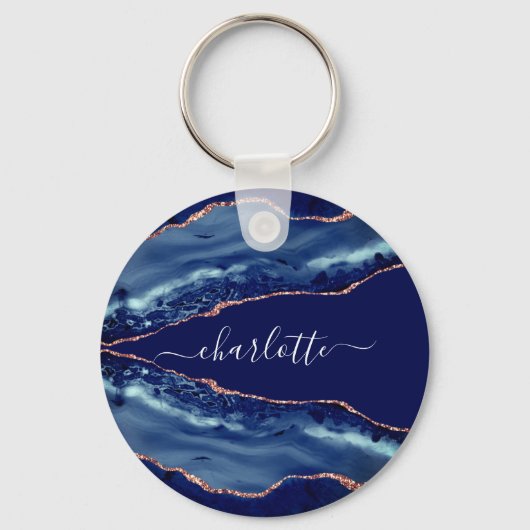 青い瑪瑙の大理石バラ金ゴールド名スクリプト キーホルダー (正面)
