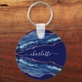 青い瑪瑙の大理石バラ金ゴールド名スクリプト キーホルダー (正面)