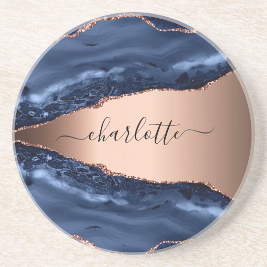 青い瑪瑙の大理石バラ金ゴールド名スクリプト コースター (正面)