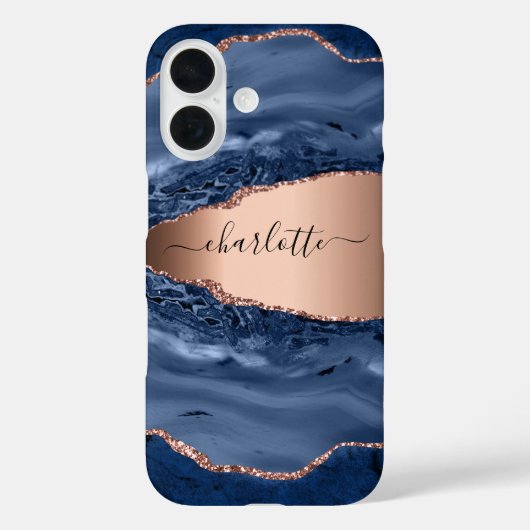 青い瑪瑙の大理石バラ金ゴールド名スクリプト Case-Mate iPhoneケース (裏面)