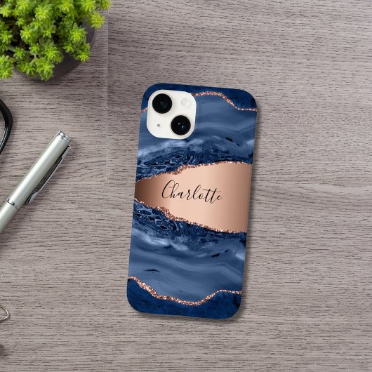 青い瑪瑙の大理石バラ金ゴールド名スクリプト Case-Mate iPhoneケース