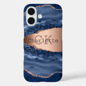 青い瑪瑙の大理石バラ金ゴールド名モノグラム Case-Mate iPhoneケース (裏面)