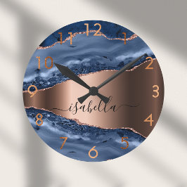 青い瑪瑙の大理石バラ金ゴールド ラウンド壁時計