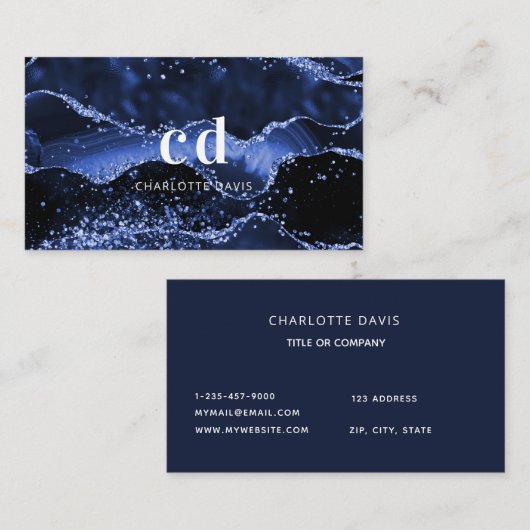 青い瑪瑙の大理石モノグラムイニシャル 名刺 (正面/裏面)