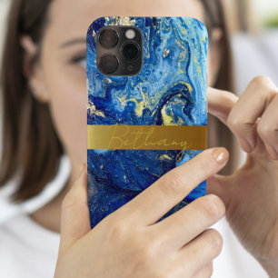 青い瑪瑙の石と金ゴールドあなたの名前を追加カスタム iPhone 15ケース