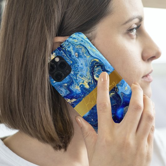 青い瑪瑙の石と金ゴールドあなたの名前を追加カスタム Case-Mate iPhoneケース