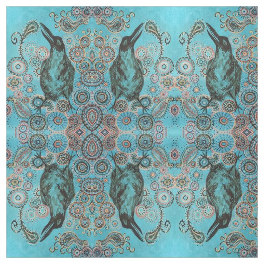 青い生地のカラス ファブリック (見本)