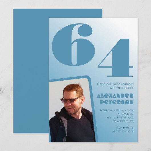 青い男の写真 64歳の誕生日招待状 グラデーション 招待状 (正面/裏面)