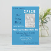 青い男の子の写真 Sip & See 招待状 (スタンド正面)