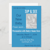 青い男の子の写真 Sip & See 招待状 (正面/裏面)