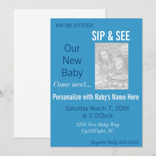 青い男の子の写真 Sip & See 招待状 (正面/裏面)