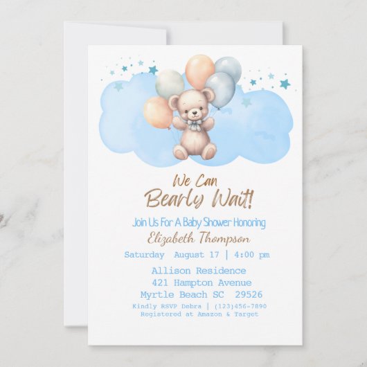 青い男の子の私たちはbearベビーシャワーを待つことができる 招待状 (正面)