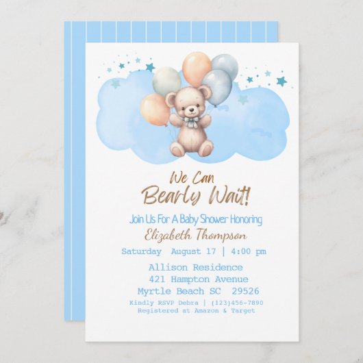青い男の子の私たちはbearベビーシャワーを待つことができる 招待状 (正面/裏面)