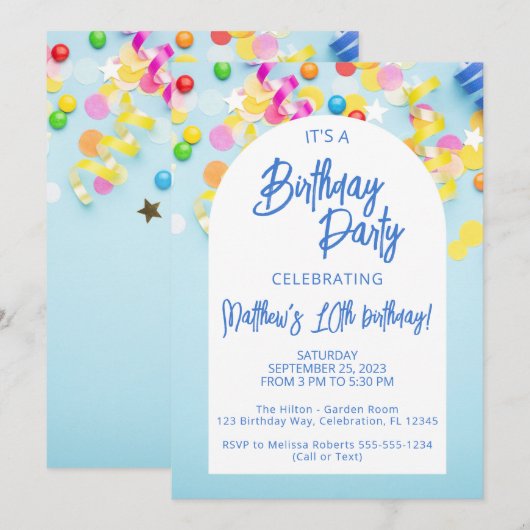青い男の子の誕生日パーティー 招待状 (正面/裏面)