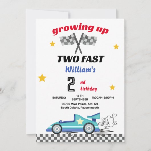 青い男の子の車レース車2速2番目の誕生日 招待状 (正面)