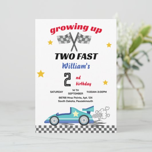 青い男の子の車レース車2速2番目の誕生日 招待状 (スタンド正面)