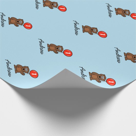 青い男の子、1歳の誕生日テディベアの包み紙 ラッピングペーパー (角)