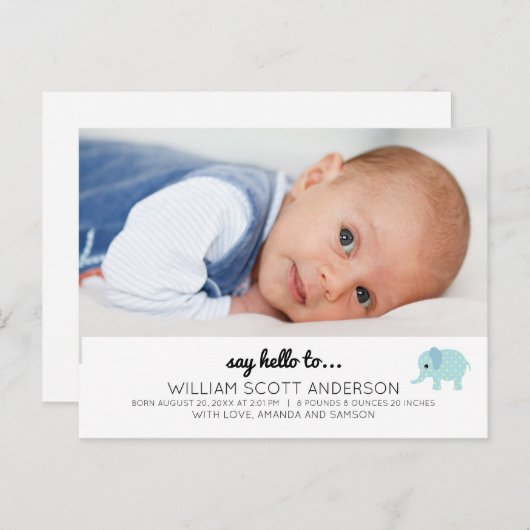 青い男の赤ちゃんの誕生発表写真 案内ポストカード (正面/裏面)